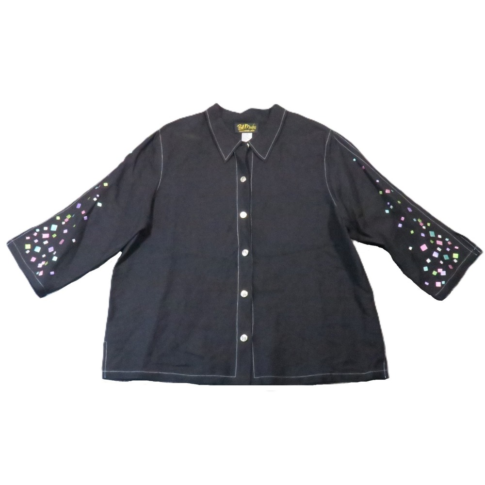 Bob Mackie‎ Shirt L Black Linen Embroidered Confetti 80s 90s Funky Artsy Teacher